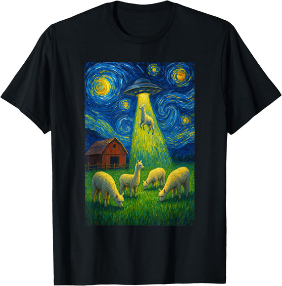 Farming UFO Llama Starry Night Painting Design Llama Alien UFO Abduction Starry Night Farmers T-Shirt - Black