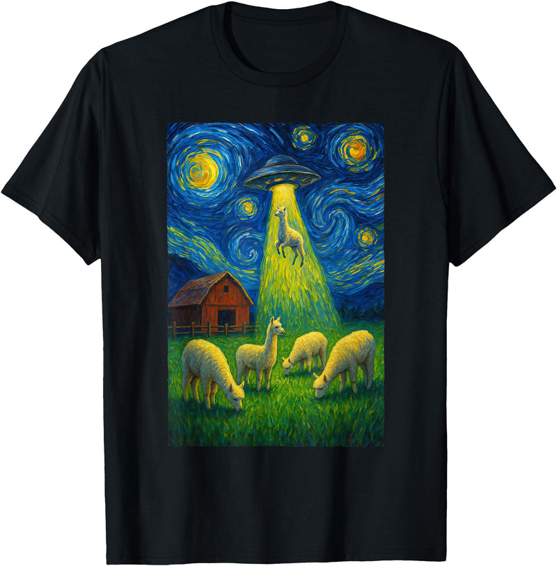 Farming UFO Llama Starry Night Painting Design Llama Alien UFO Abduction Starry Night Farmers T-Shirt - Black
