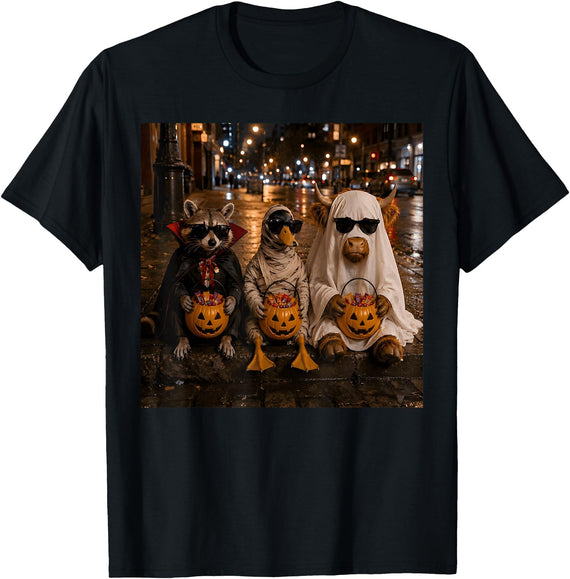 Retro Spooky Season Vampire Mummy Ghost Tees Trick or Treat Raccoon Duck Highland Cow for Kids Halloween T-Shirt - Black