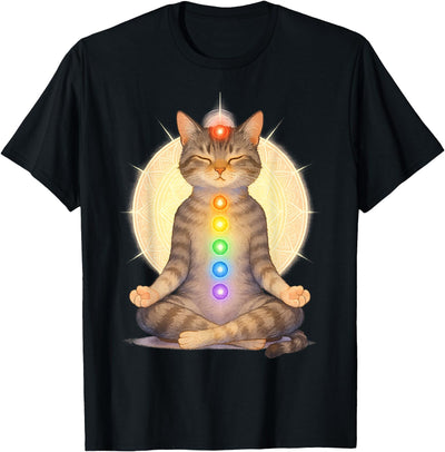 Mystic Paw Creations Meditating Chakra Cat Yoga Spiritual Cat Lovers Mandala T-Shirt