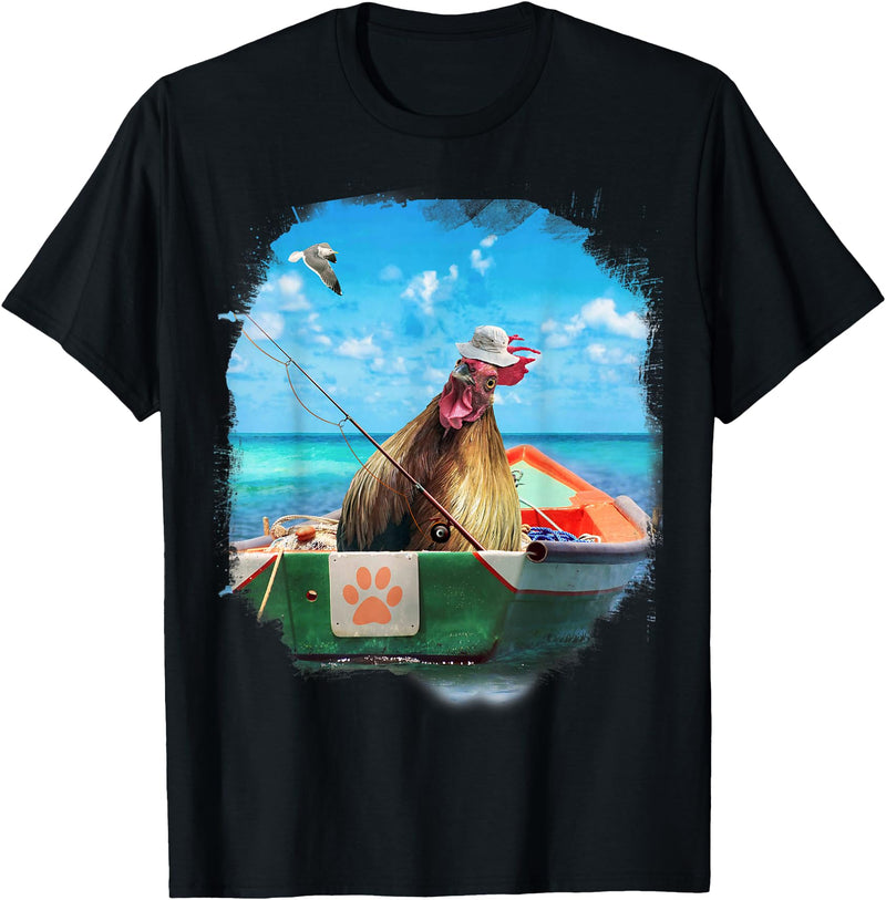 Random Galaxy Chicken or Fish, Funny Chickens Fishing Boat T-Shirt - Black