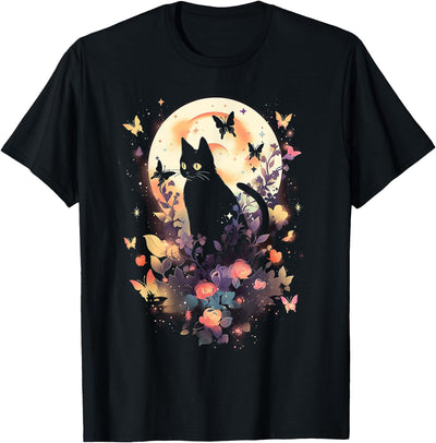 Cottagecore Goblincore and Fairycore Stuff Aesthetic Cottagecore Cat with Butterfly on Moon T-Shirt
