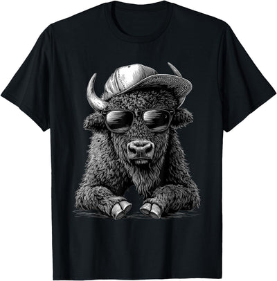 Cow Safari Animal Art Buffalo with Sunglasses Funny Bison T-Shirt