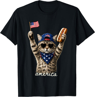 Patriotic Cat Lover Gifts Patriotic Cat American Flag Hot Dog 4th of July T-Shirt