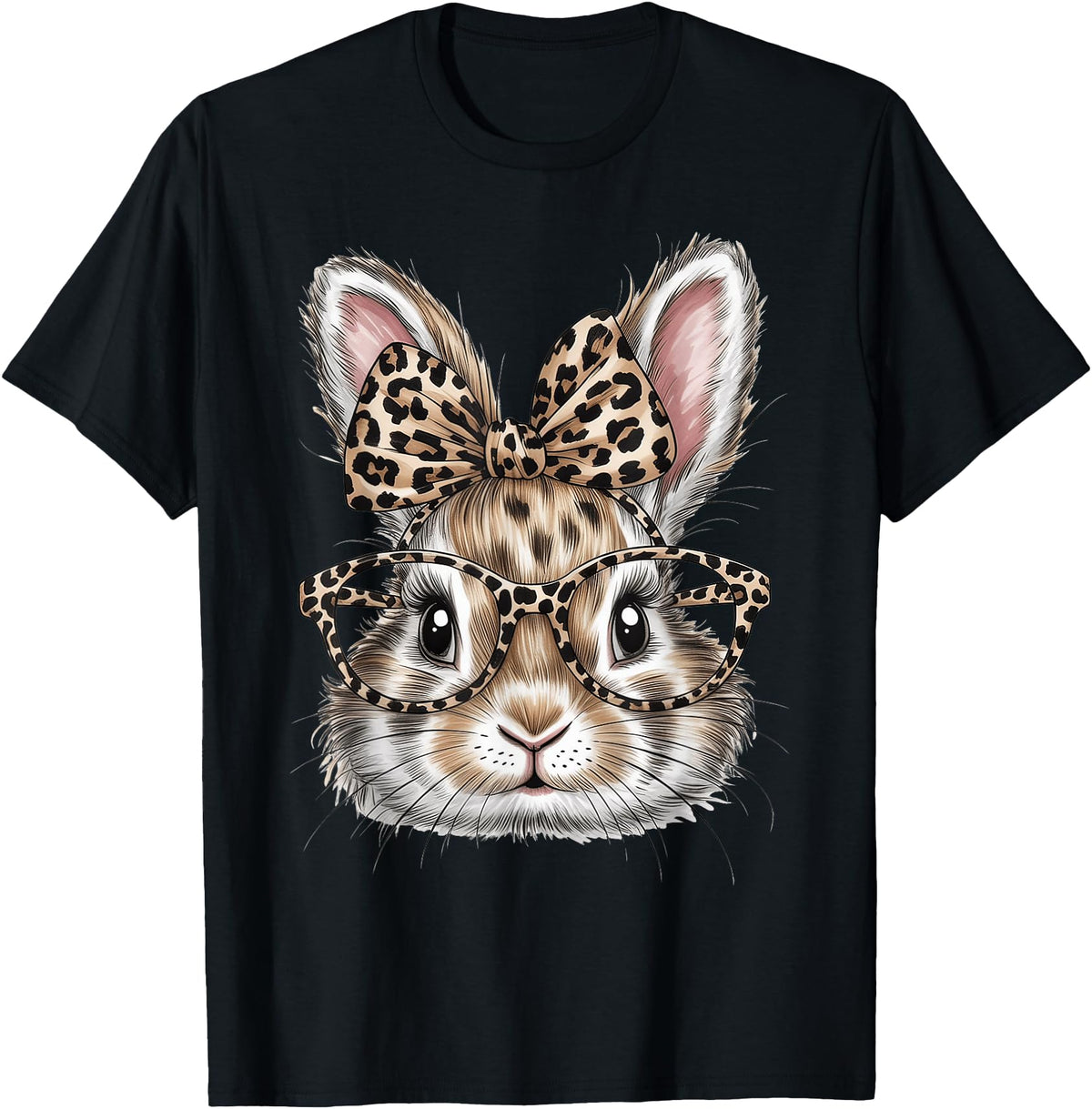 Bunny Face Glasses Bandana Leopard Rabbit Happy Easter T-Shirt in Black