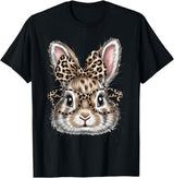 Bunny Face Glasses Bandana Leopard Rabbit Happy Easter T-Shirt in Black