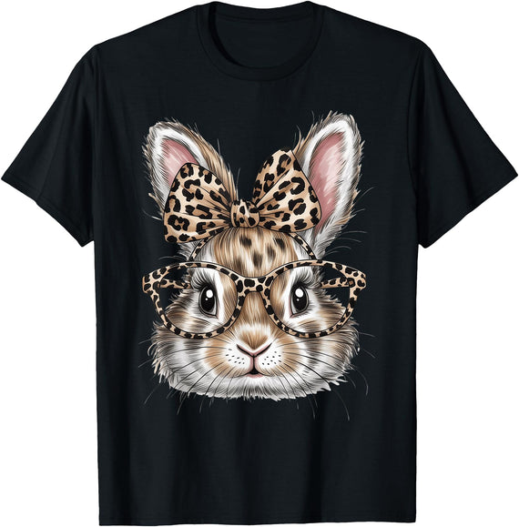 Bunny Face Glasses Bandana Leopard Rabbit Happy Easter T-Shirt in Black