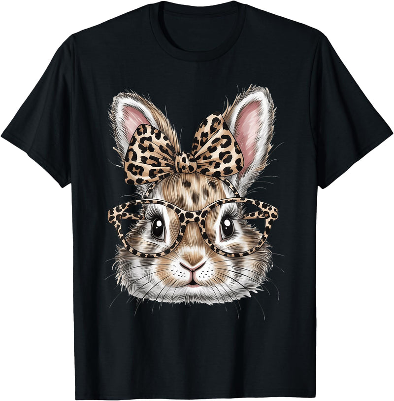 Bunny Face Glasses Bandana Leopard Rabbit Happy Easter T-Shirt in Black