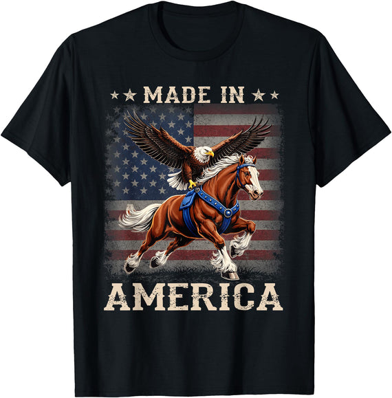 Made In America Patriotic Tees Made in America Western Horse Eagle USA Flag T-Shirt - Black