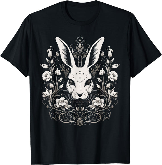 Rabbit Bunny Flowers Witchy Occult Gothic Vintage Easter T-Shirt in Black