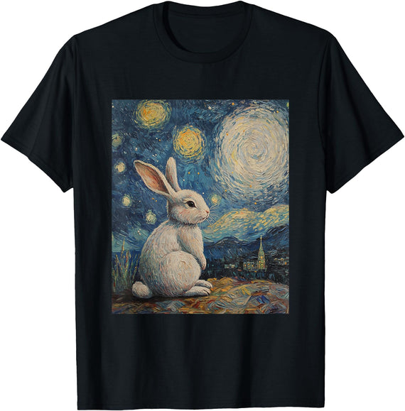 Bunny Rabbit Van Gogh Style Starry Night Cute Graphic T-Shirt (Black) in Black