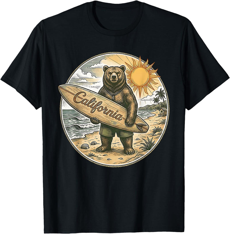Retro Coastal Surf Bear Vintage Beach Apparel Vintage California Surf Bear Beach Retro Coastal Summer T-Shirt - Black