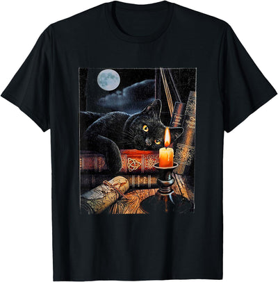 Black Cat Reading Books Witchcraft Designs Black Cat Reading Books Witchcraft Ritual T-Shirt