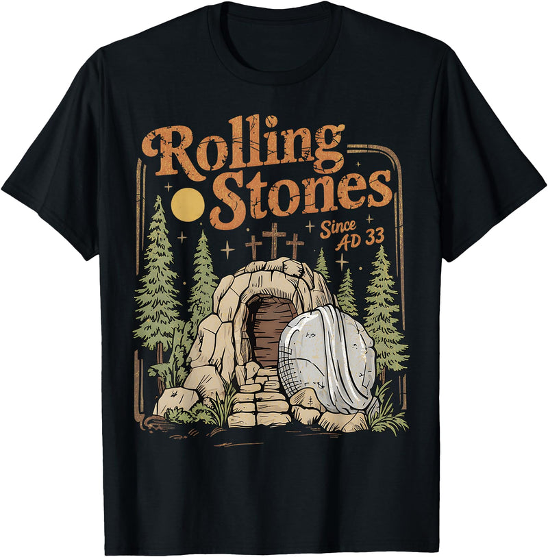 The Stone Was Rolled Away He Alive Retro Christian Easter T-Shirt in Black