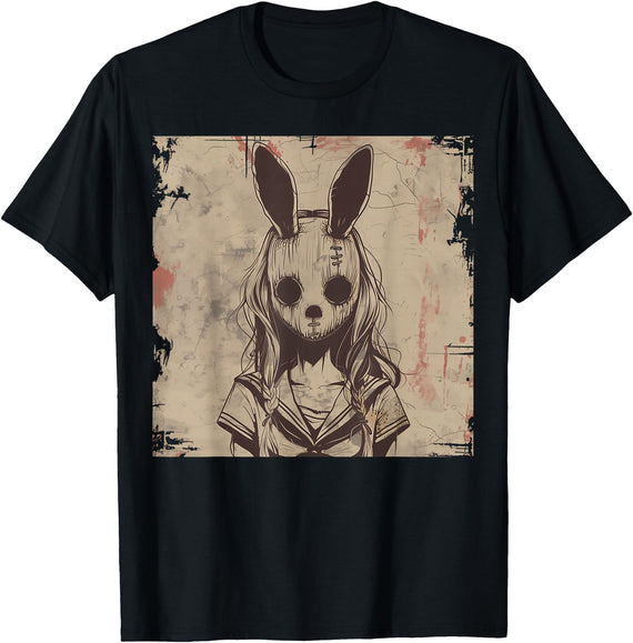 Goth Grunge Creepy Bunny Rabbit Mask Girl Anime Horror Art T-Shirt in Black