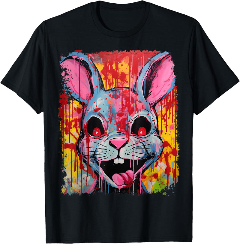 Pop Art Colorful Killer Bunny Rabbit Halloween T-Shirt in Black
