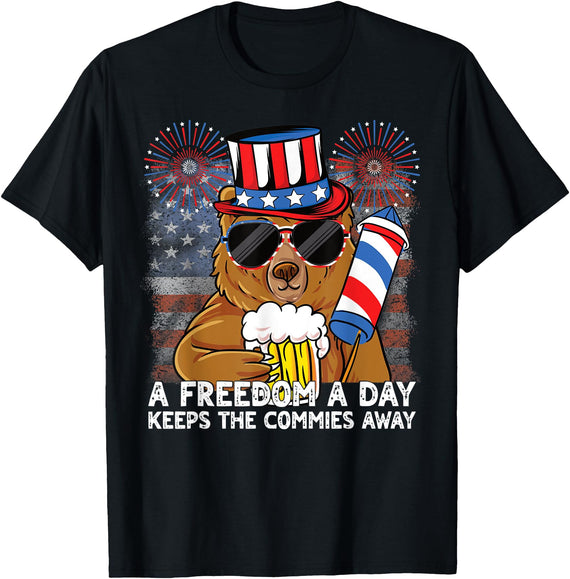 USA 4th of July A Freedom a Day Beer Bear A Freedom a Day Keeps the Commies Away 4th of July Bear Women Men T-Shirt - Black