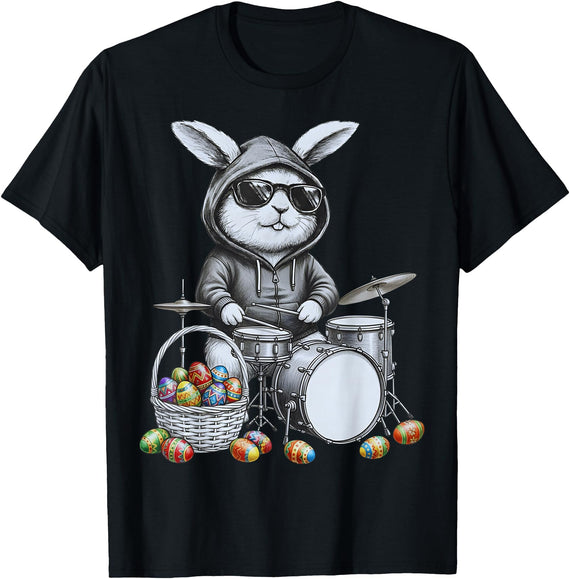 Retro Easter Bunny Drum Player Cool Rabbit Drummer T-Shirt in Black