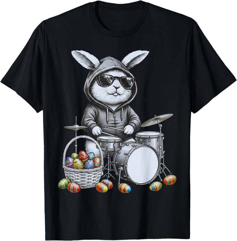Retro Easter Bunny Drum Player Cool Rabbit Drummer T-Shirt in Black