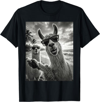 Funny Llama Stuff Accessories & Gifts Cool Llama Selfie At The Beach, Cute Llamas Alpaca T-Shirt - Black
