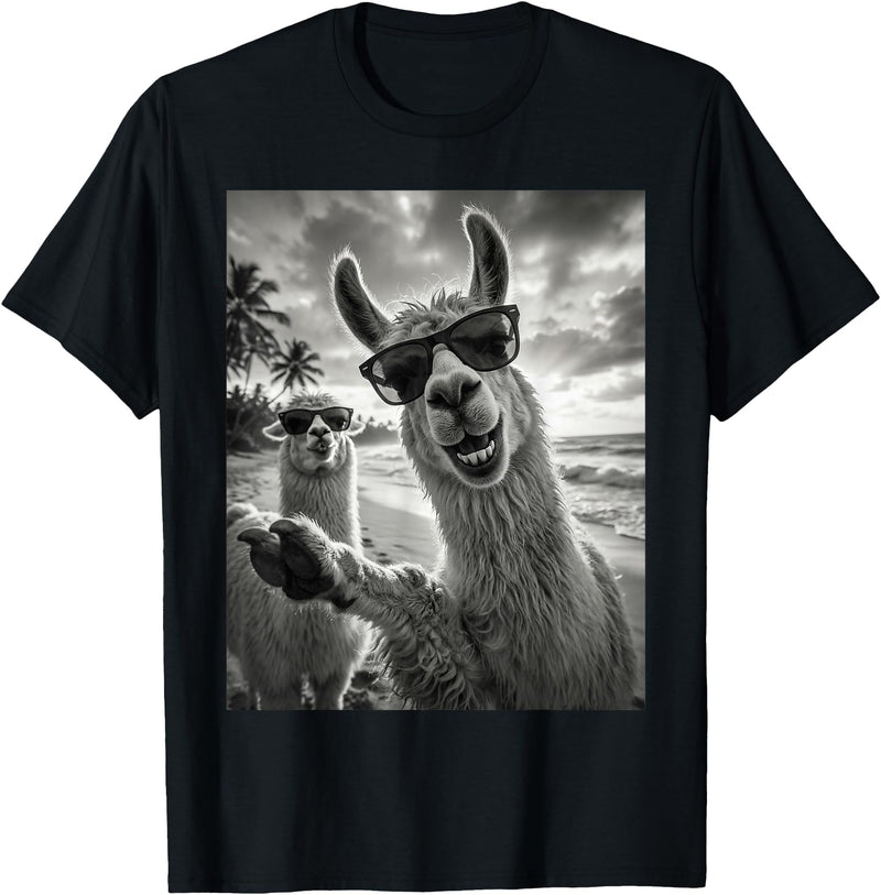 Funny Llama Stuff Accessories & Gifts Cool Llama Selfie At The Beach, Cute Llamas Alpaca T-Shirt - Black
