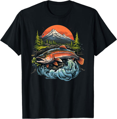 Trout Leaping Mountain Sunset T-Shirt