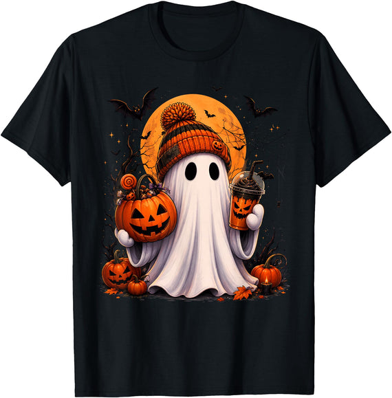 Halloween Ghost Coffee Pumpkin Tat Halloween Ghost Coffee Pumpkin Beanie Men Women Kid T-Shirt - Black