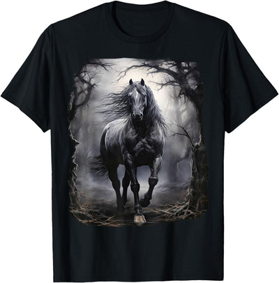Fantasy Art Design Horse Forest Nature Beautiful black Horse running through the forest by night T-Shirt