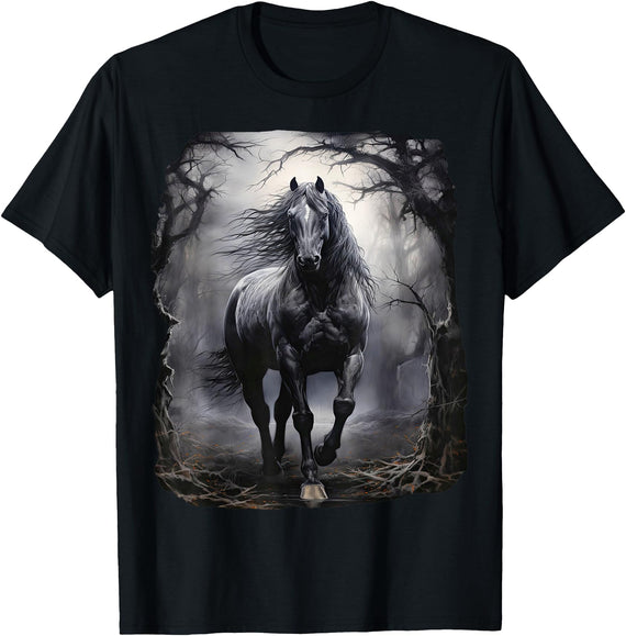 Fantasy Art Design Horse Forest Nature Beautiful black Horse running through the forest by night T-Shirt - As Pictured