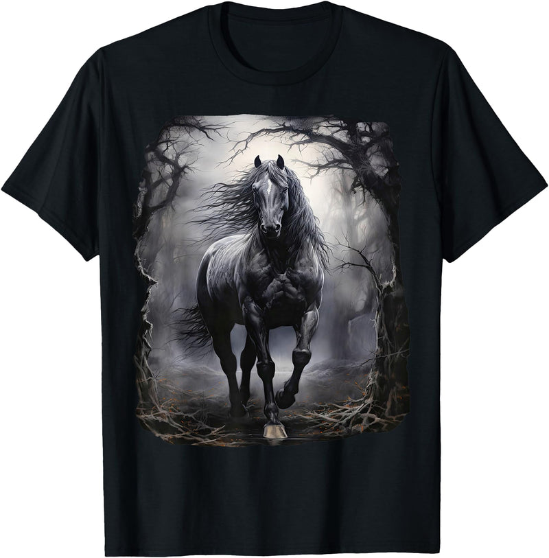 Fantasy Art Design Horse Forest Nature Beautiful black Horse running through the forest by night T-Shirt - As Pictured