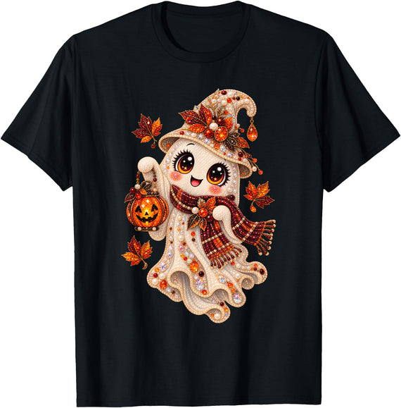 Cute Spooky Autumn Halloween Artwork Cute Halloween Ghost Pumpkin Autumn Witch Art T-Shirt - Black