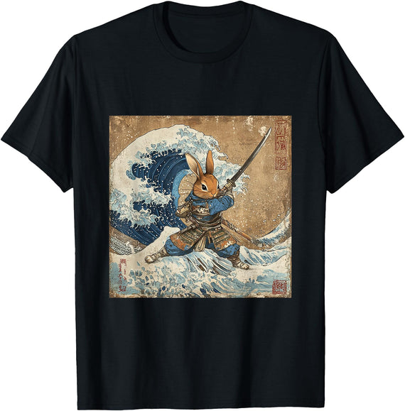 Bunny Rabbit Samurai Warrior Vintage Japanese Art Anime T-Shirt in Black
