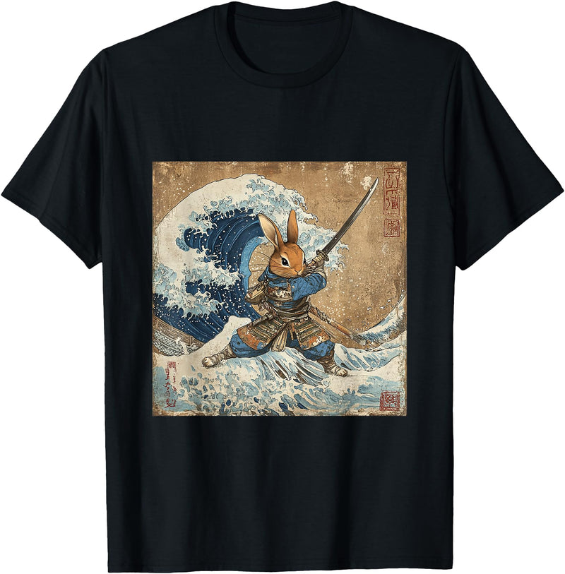 Bunny Rabbit Samurai Warrior Vintage Japanese Art Anime T-Shirt in Black