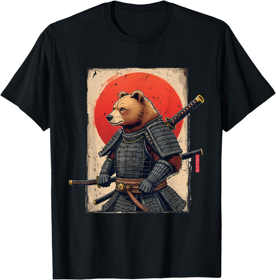 Japanese Samurai Bear Woodblock Art Samurai Brown Bear Ukiyo-e Ink Warrior Art Japanese Bear Art T-Shirt - Black