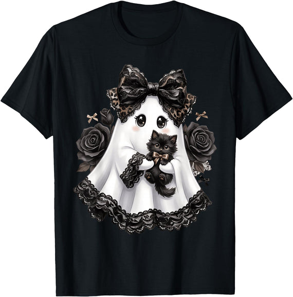 Preppy Ghost Coquette Cat Lover Halloween Cotume Coquette Ghost Bow Holding Black Cat Halloween Boo Leopard T-Shirt - Black