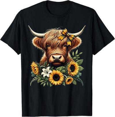 Cute Highland Cow and Coquette Bow with Sunflowers T-Shirt