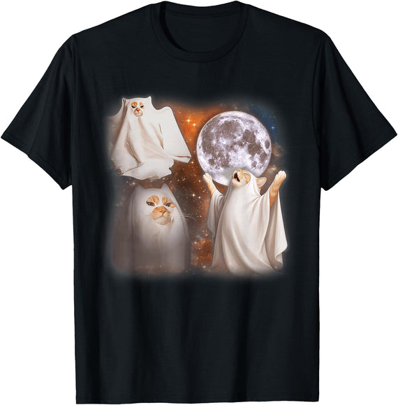 Moon Howling Funny Cat Meme Ghost Cat Howling At Moon Weird Halloween Funny Cat Meme T-Shirt - Black