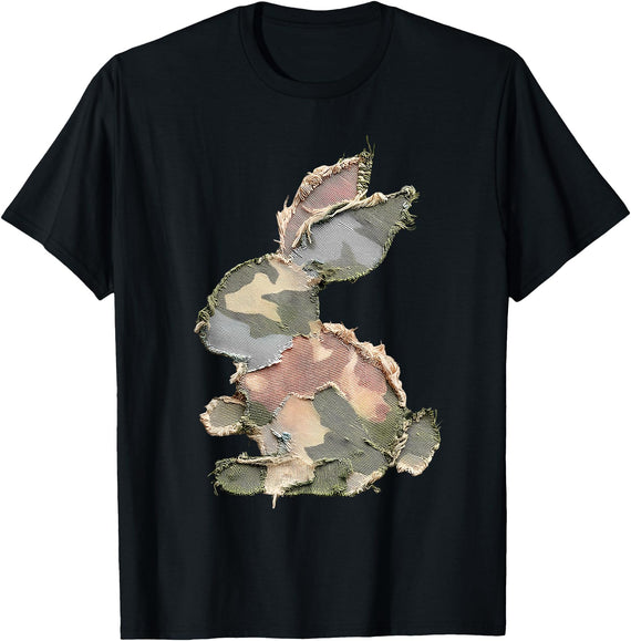 Funny Bunny Crochet Patchwork Camo Rabbit Happy Easter Day T-Shirt in Black