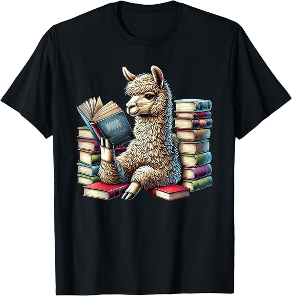 Llama Book Lover Llama Reading Book Reader Bookworm Alpaca Lover T-Shirt - Black