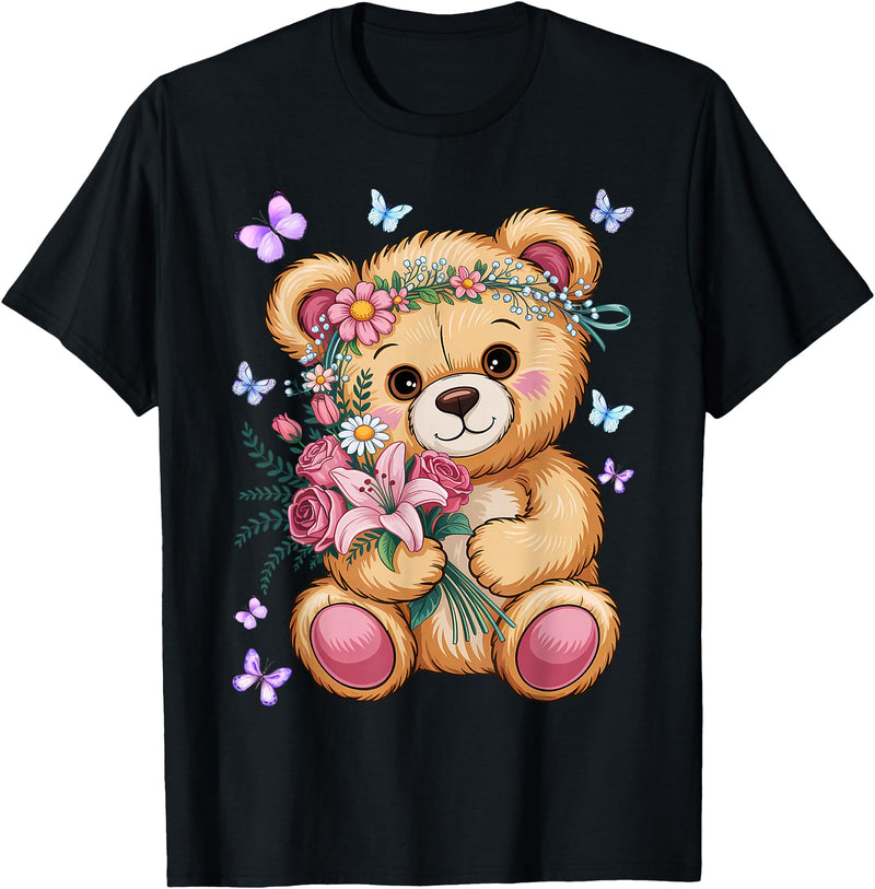 Bear Lover Gift Co. Cool Crowned Teddy Bear for Flowers Lovers T-Shirt - Black