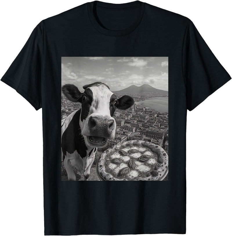 Wildfie – Selfies from Around the World Cow Pizza Selfie Funny Italy Meme Design T-Shirt - Black