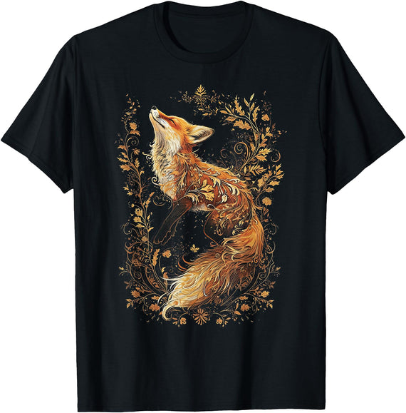 Fox Silhouette Foxes with Flowers Cottagecore Aesthetic Rabbit T-Shirt in Black