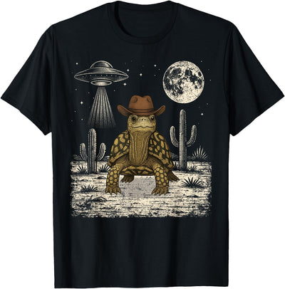 Retro Land Turtle Lover Halloween Moon Funny Eastern Box Turtle Cowboy Western UFO T-Shirt