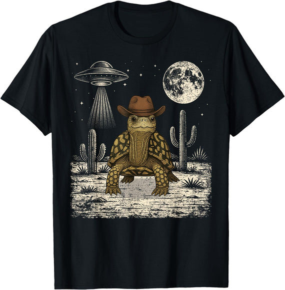 Retro Land Turtle Lover Halloween Moon Funny Eastern Box Turtle Cowboy Western UFO T-Shirt - Black