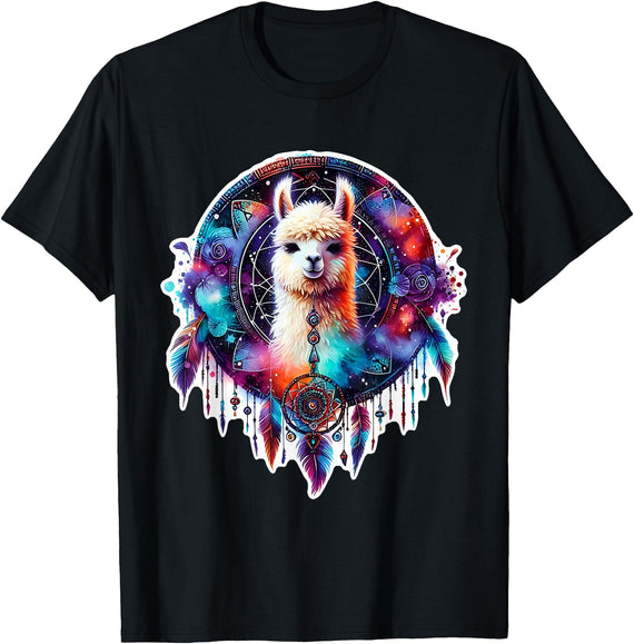 Llama Alpaca Tribal Shamanic Gift Llama Alpaca Dreamcatcher Floral Spiritual Boho Tribal T-Shirt - Black