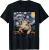 Cute Pigs Designs. Cute Pig Funny Van Gogh Style Starry Night Graphic T-Shirt - Black