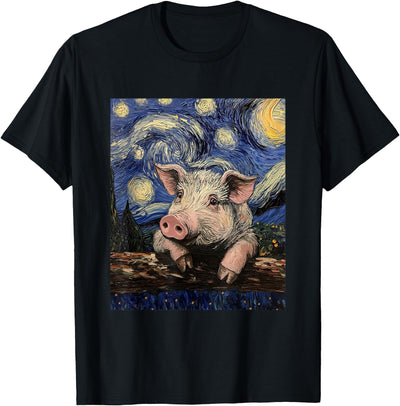 Cute Pig Funny Van Gogh Style Starry Night Graphic T-Shirt