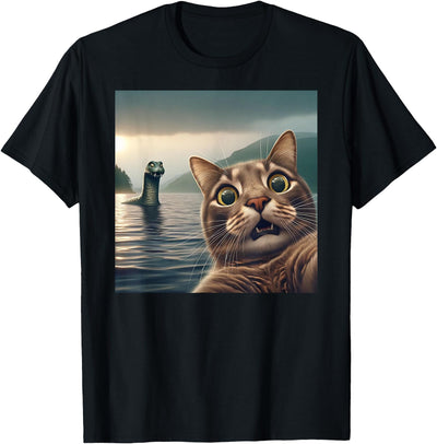 Cat Selfie Loch Ness Monster Surprised Cat Selfie with Loch Ness Monster Nessie funny T-Shirt