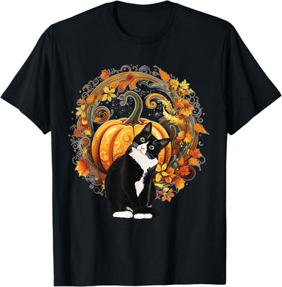 Tuxedo Cat Apparel for Autumn Halloween Fall Tuxedo Cat Halloween Lazy Costume Autumn Fall Wreath T-Shirt