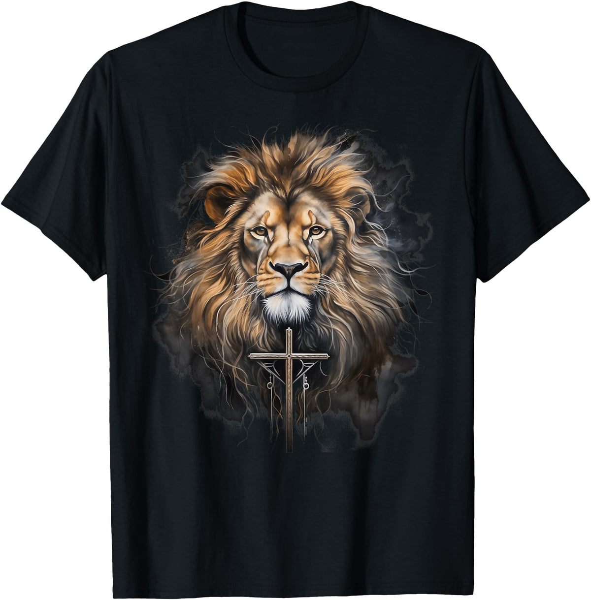 Lion & Christian Cross Christian Cross Lion of Judah Religious Faith Jesus Pastor T-Shirt - As Pictured